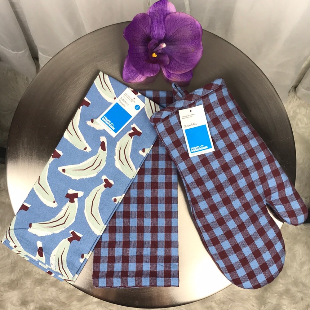 NEW Kitchen Towels & Oven Mitt Set | Abstract Graphic Banana & Gingham | 2T 1M